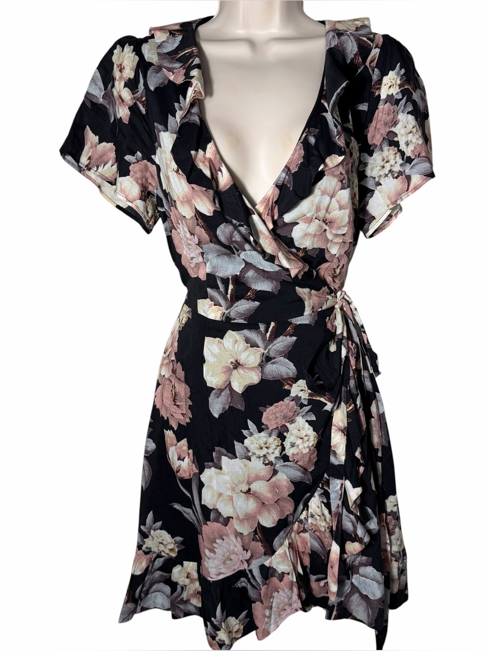 PAIGE Cardamom Floral Wrap Dress Black Evening Sand Ruffle Short Sleeve XS - Picture 4 of 15